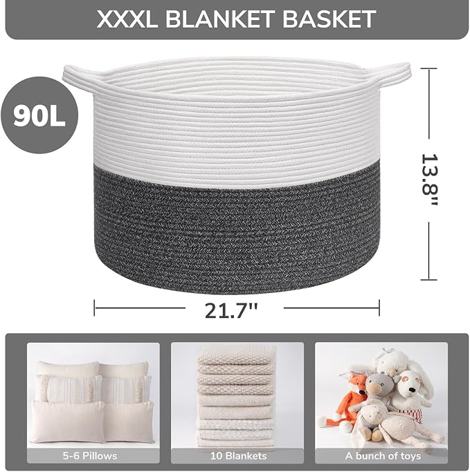 INDRESSME XXXLarge Woven Rope Blanket Basket Living Room, 90L | 21.7" x 13.8" - Image 3