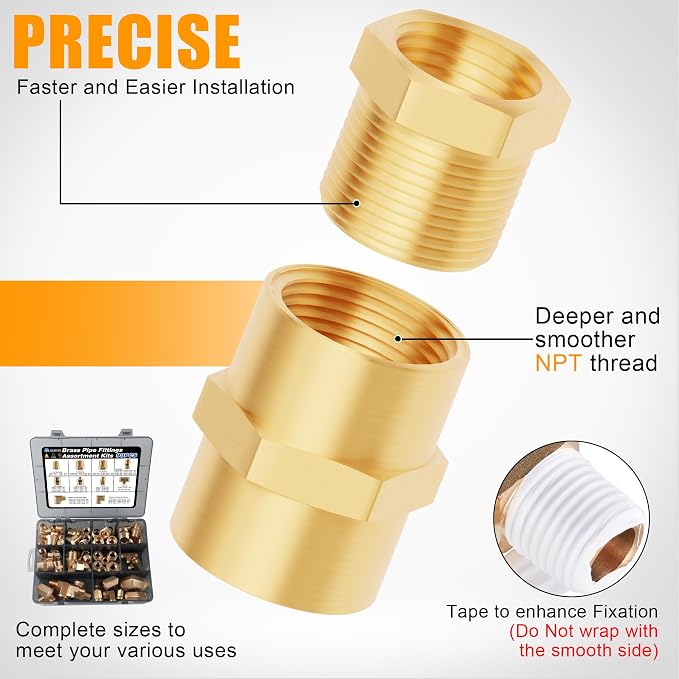 98PCS Brass Pipe Fittings Assortment Kit, 1/8" 1/4" 3/8" 1/2" NPT | Adapter - Image 4