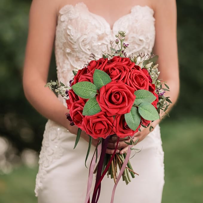 AmyHomie Red Rose 25pcs Real Looking Artificial Flowers w/Stem | Bouquet - Image 4