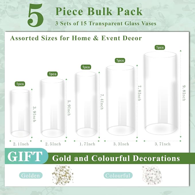 Clear Glass Vase for Centerpieces, 10 inch Tall Set of 5 Cylinder Flower Vase - Image 2
