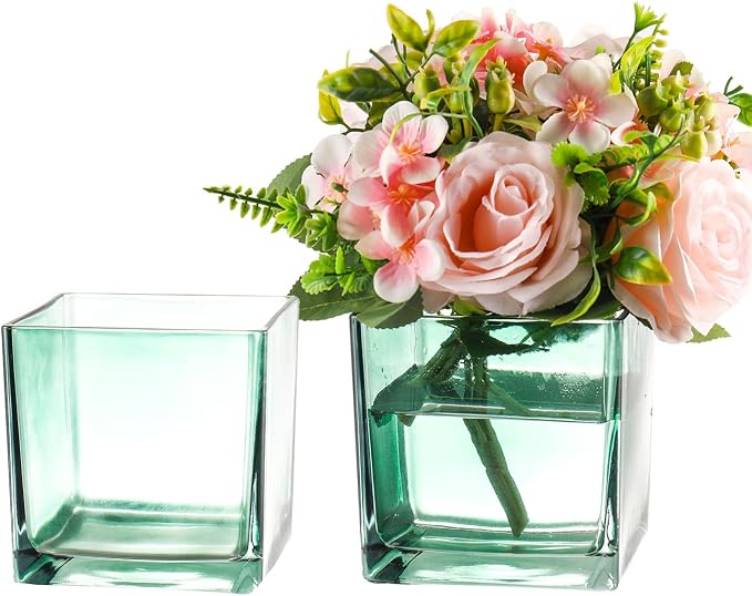 Square Green Glass Vases Set of 2, Flower Vases by MARTAGE