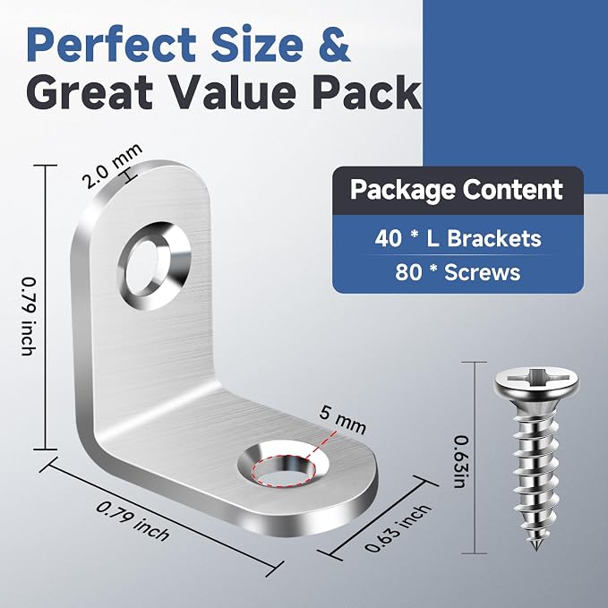 40PCS L Bracket Corner Brace Set, Stainless Steel Corner Bracket | Small Right - Image 2