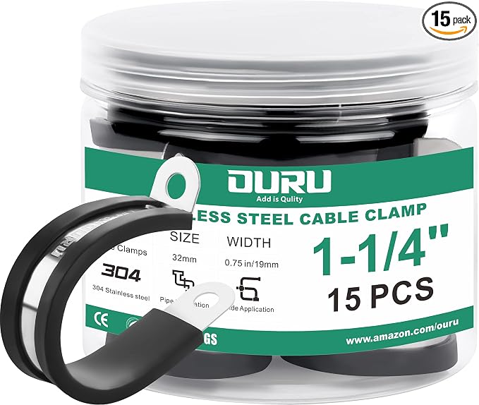 OURU 15pcs 1-1/4 Inch Stainless Steel Cable Clamps, Rubber Coated Cushioned by OURU