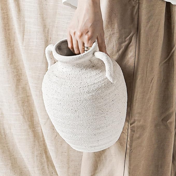 White Ceramic Vase with Handles, Farmhouse Rustic, Gritstone White | Decorative by LETAUCIGARDEN