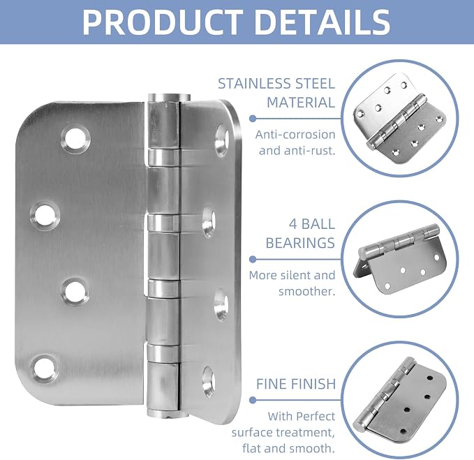 12 Pack Heavy Duty Stainless Steel Hinges, 4 x 4 Inch Brushed Nickel Ball - Image 4