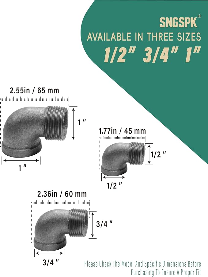 Black Cast Iron 90 Degree Elbow, Female to Male Pipe Fitting, 1/2 Inch Size - Image 3