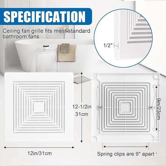 (1-Pack 12" BP90 Spring Bathroom Exhaust Fan Cover 12-1/4" x12" Vent Cover - Image 2