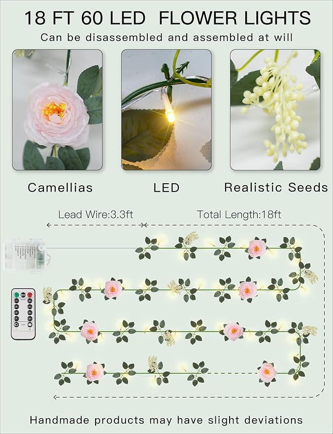 60LED Garland with Pink Camellia Lights Battery Operated Clear Wire | Vines - Image 6