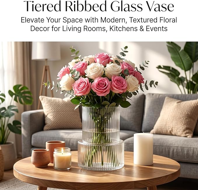 Ribbed Glass Cylinder Vase Set, Home Decor, Tall Fluted Glass - Image 4