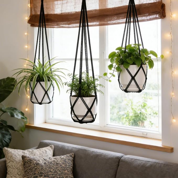 YIBOT Black Macrame Plant Hanger Indoor Hanging Planter Basket | 3 Pack Crochet - Image 6