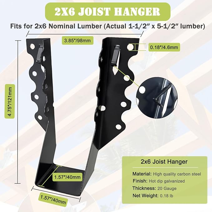 20PCS 2" X 6" Joist Hanger 18 Gauge Galvanizing Face Mount, Hurricane Tie - Image 2