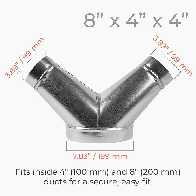 45° Degree Ø8 x 4 x 4 Inch Y Shape Duct Splitter - Image 2