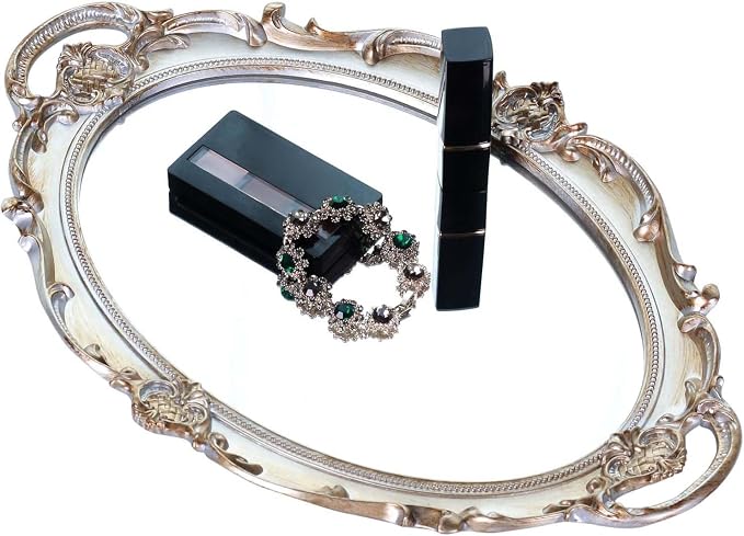 Polyresin Ellipse Antique Decorative Mirror Tray, Makeup Organizer, Jewelry by Zosenley