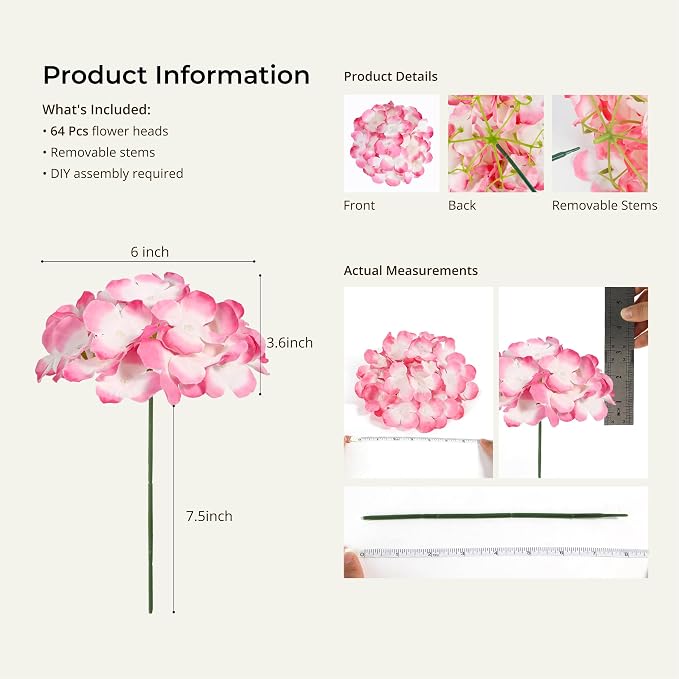 Auihiay 64Pcs Hydrangea Artificial Flowers Bulk, Faux Hydrangeas Heads | - Image 3