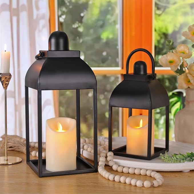 Lanterns Decorative Indoor 15" 11" Set of 2 Black Metal Lantern - Image 4