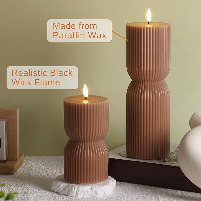 Brown Ribbed Fall Flameless Pillar Candles - Image 6
