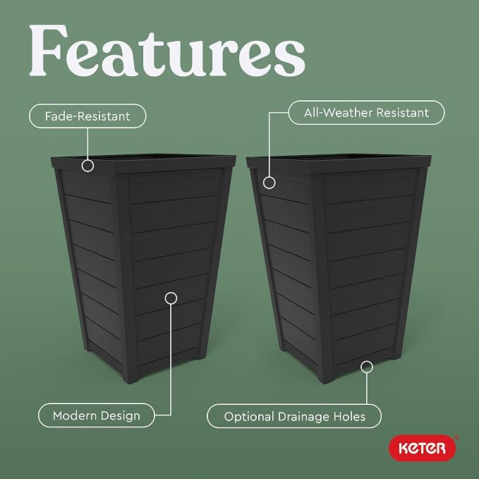 Keter Set of 2 Resin Modern Outdoor 22 Inch Tall Large Flower Pots, Tapered - Image 4