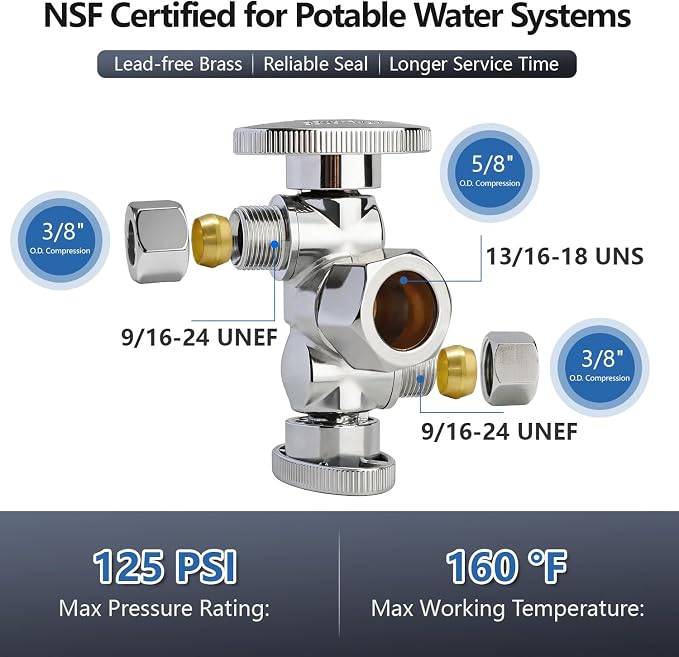 WiseWater 1/2" NOM x 3/8" OD Comp x 3/8" OD Comp Dual Shut Off Valve | Heavy - Image 2