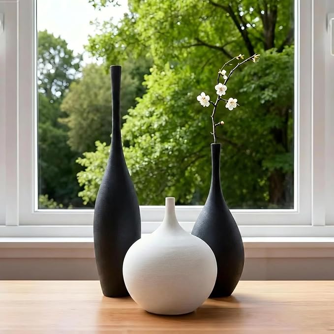 Relexome Black and White Ceramic Vase Modern Wabi-Sabi Flower Vase Set of 3 - Image 3
