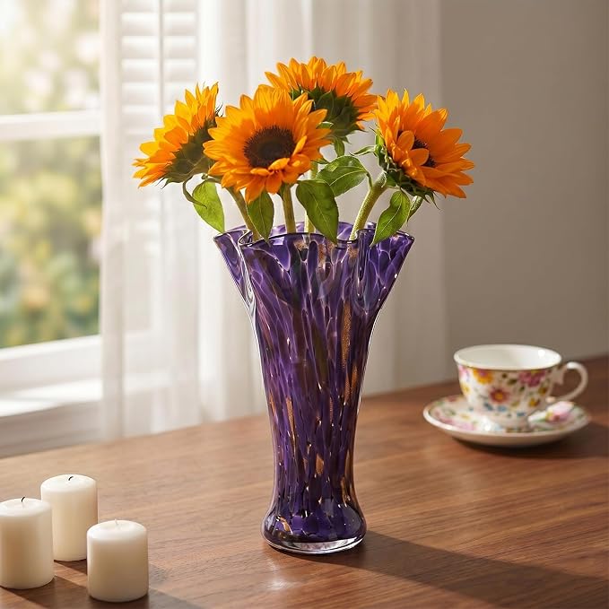 9.0" H Purple Glass Vases for Flower, Unique Hand Blown Glass Vase | Wide Mouth - Image 4