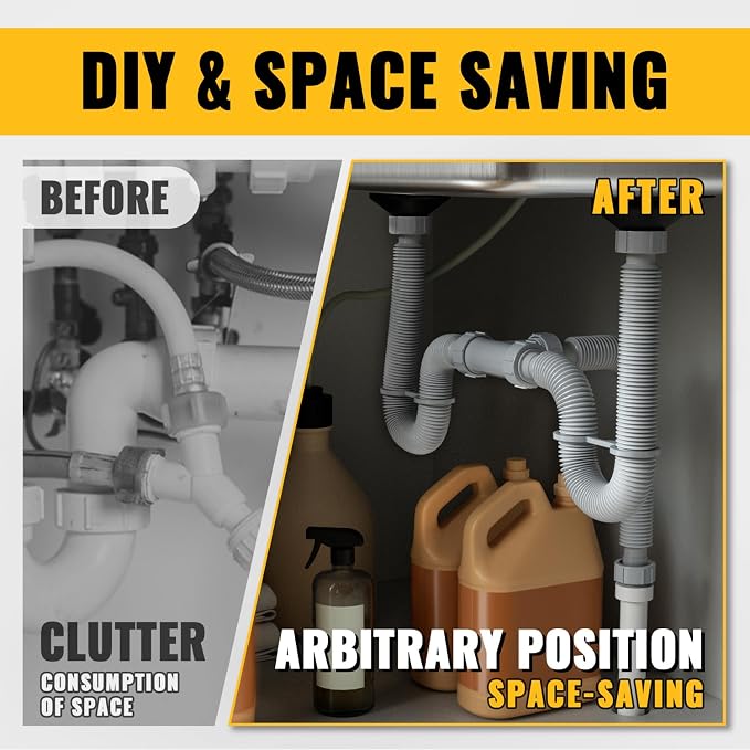 VIVIDA Double Sink Drain Pipe Kit, 1-1/2" Kitchen Sink P Trap - Image 4