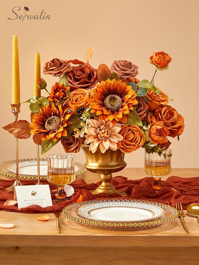 Serwalin Sunflower Artificial Flowers Burnt Orange Fall Flowers - Image 2