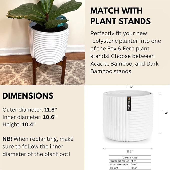 Fox & Fern Large Planter for Indoor or Outdoor, Matte White, 12 Inch | UV & - Image 5
