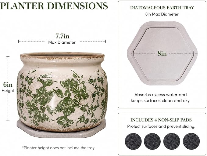 Tuscan Ceramic Planter with Decorative Tray, Plant Lover Gifts - Image 3