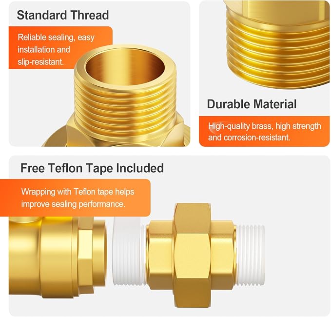 GASHER 2PCS 1/2" MNPT Brass Union Pipe Fitting | 1/2 Inch Male x 1/2 Inch Male - Image 4