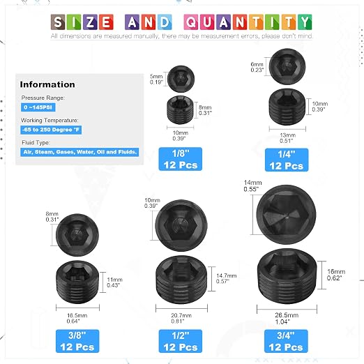 Glarks 60Pcs Carbon Steel 1/8'' 1/4'' 3/8'' 1/2'' 3/4'' NPT Pipe Plug Fitting - Image 2