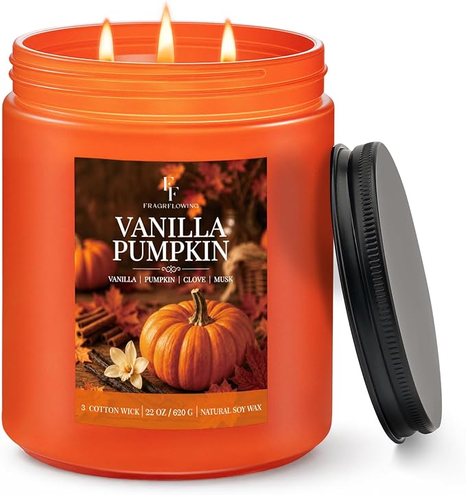 Large Fall Candle Vanilla Pumpkin Scented, 3-Wick 22oz Long Lasting | Soy Wax by FFFRAGRFLOWING