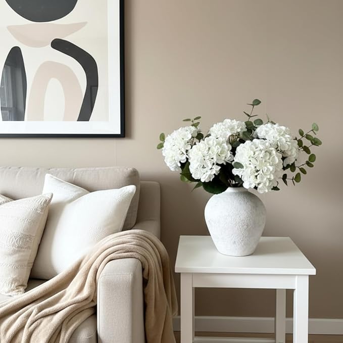 Real Touch White Faux Hydrangea And Eucalyptus Arrangement, Faux Floral - Image 6