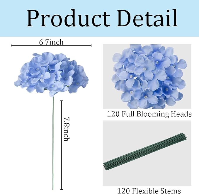 120Pcs Blue Hydrangea Artificial Flowers Bulk，Realistic Silk Fake Flowers - Image 2