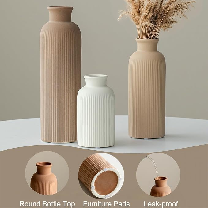 Modern Ceramic Vase Set, Earth Tone Natural Color Ribbed Matte Design, 3-Piece - Image 3