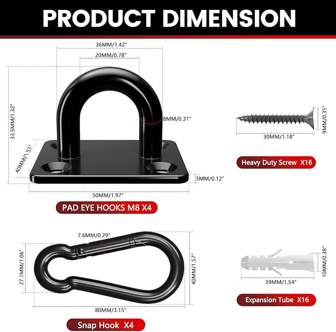 304 Stainless Steel Pad Eye Snap Hook, M8 Ceiling Hook 1200Lb, Yoga Gym - Image 2