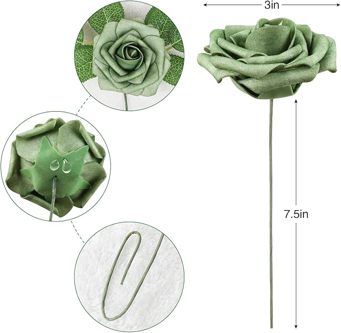 AmyHomie Green Rose 25pcs Real Looking Artificial Flowers w/Stem | Bouquet - Image 2