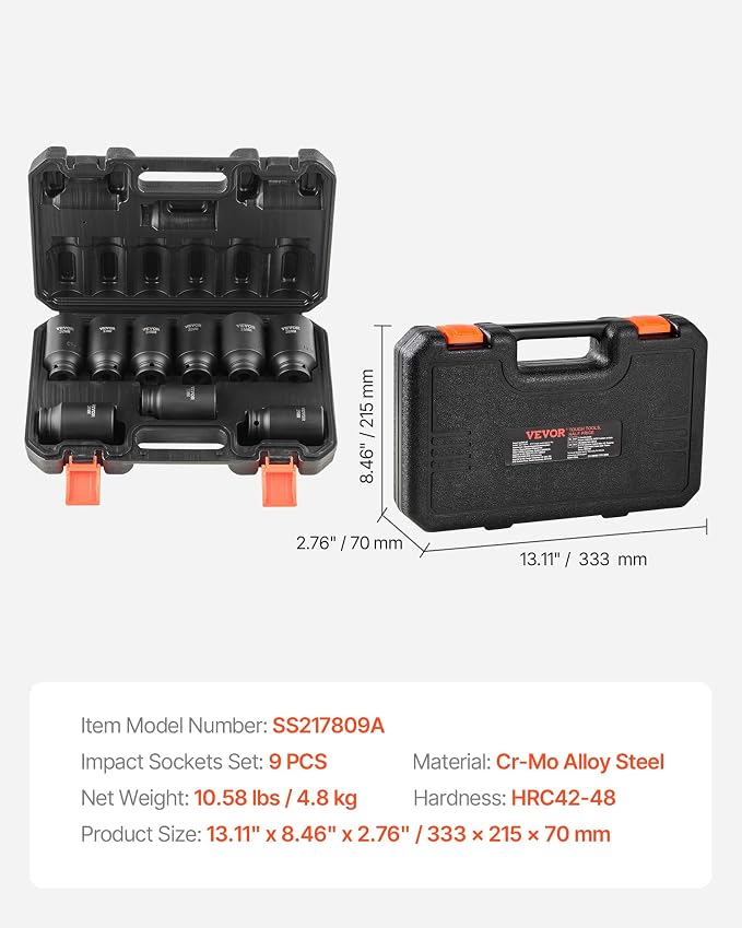 VEVOR 1/2" Drive Impact Socket Set, 9 Piece Deep Socket Set Metric 29-38mm - Image 9