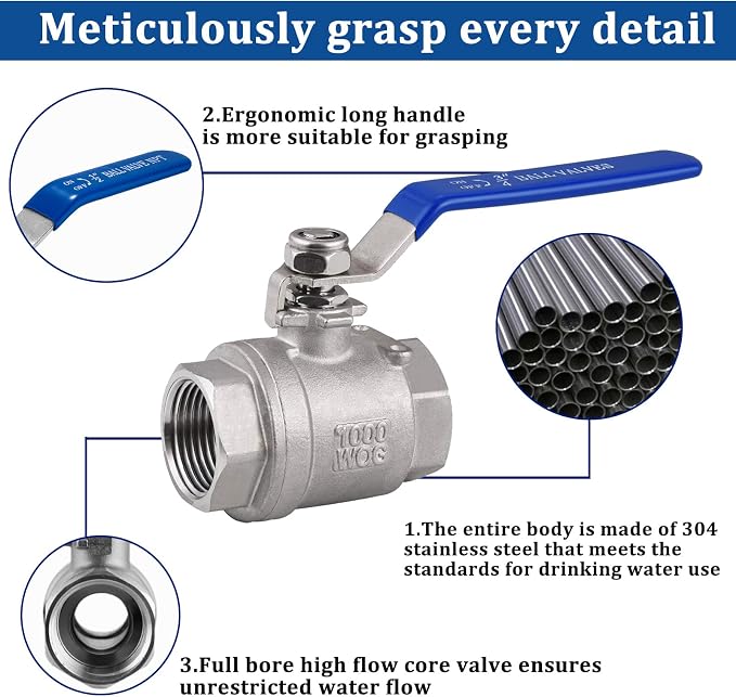 Wantmatch 3/4" Female NPT Ball Valve 304 Stainless Steel Full Port Ball Valve - Image 3