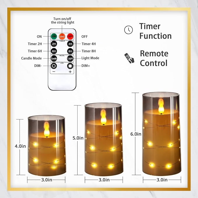 NURADA Flickering Flameless Candles: Built-in Star String Lights 3D Wick - Image 9