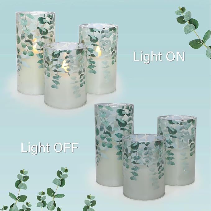 Green Glass Flameless Candles Remote Timer Eucalyptus Leaves Greenery Design - Image 5