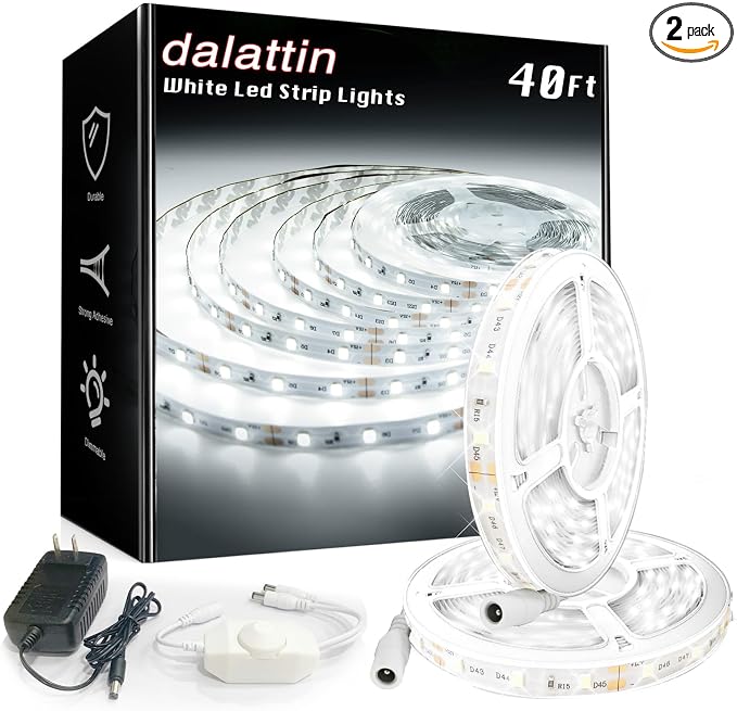 dalattin White LED Strip Lights, 40ft Dimmable LED Light Strip 6500K Bright by dalattin