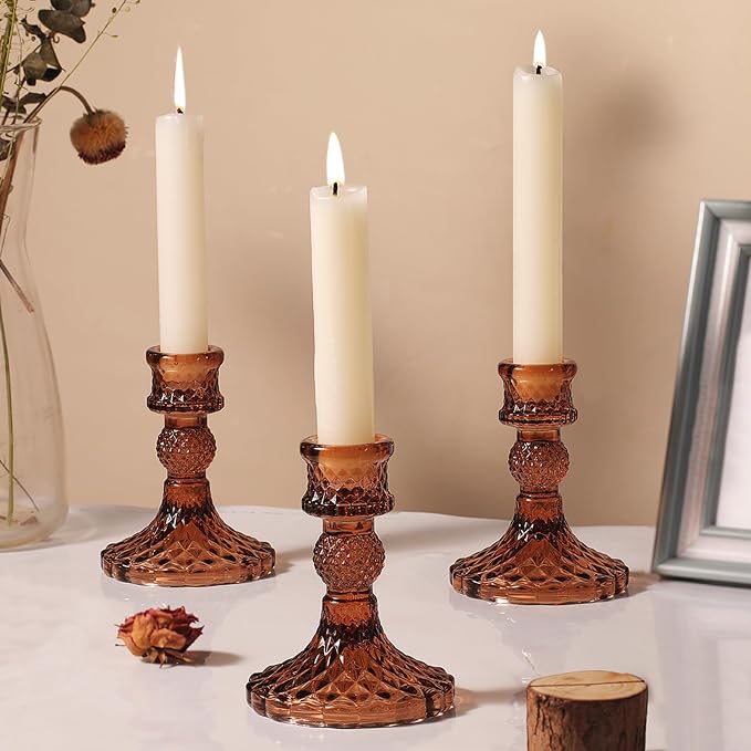 12Pcs Amber Candlestick Holders Set- 4" H Taper Candle Holders Bulk, Glass - Image 6