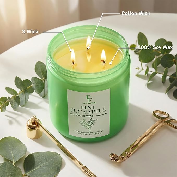 Mint Eucalyptus Large Scented Candle, 3-Wick 22oz Long Lasting Scented Candle - Image 3