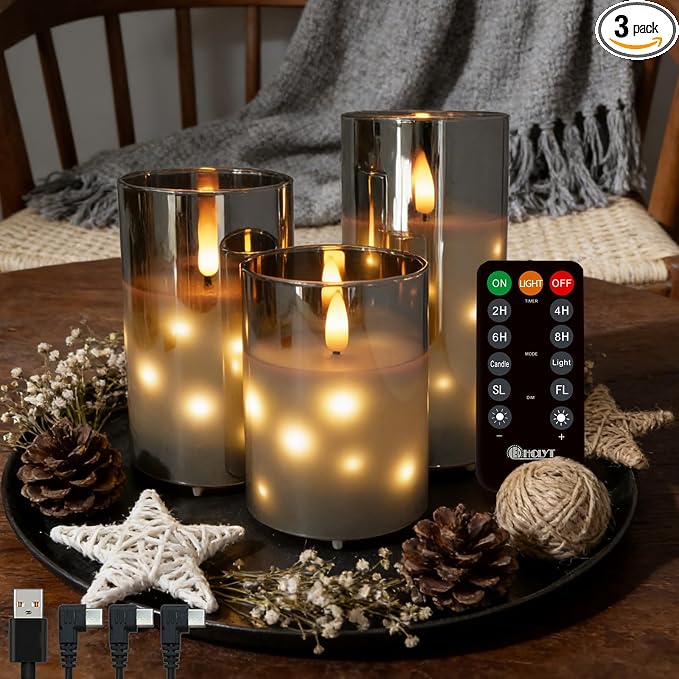 LEDHOLYT Rechargeable Glass LED Flameless Candles, Embedded Star String by LEDHOLYT