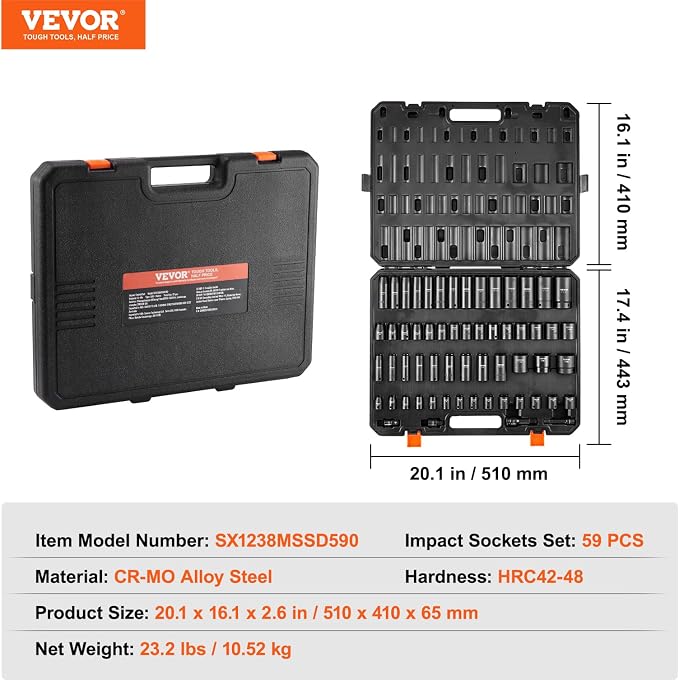 VEVOR Impact Socket Set 3/8" & 1/2" Socket Set 59PCS SAE 5/16" to 1-1/4" and - Image 7