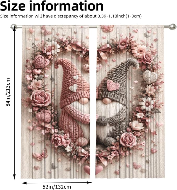 Knitted Gnomes Floral Heart Window Curtains 2 Panels Set, 52 X 84 Inch - Image 3