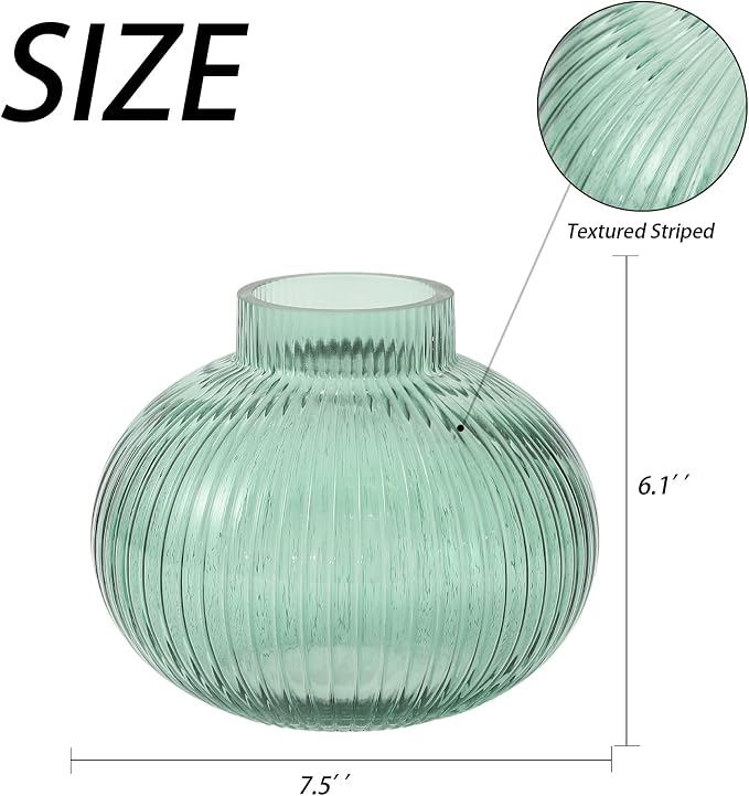 Green Glass Vase for Tulips, Ribbed Glass Vase for Flowers, Round Flower Vases - Image 2