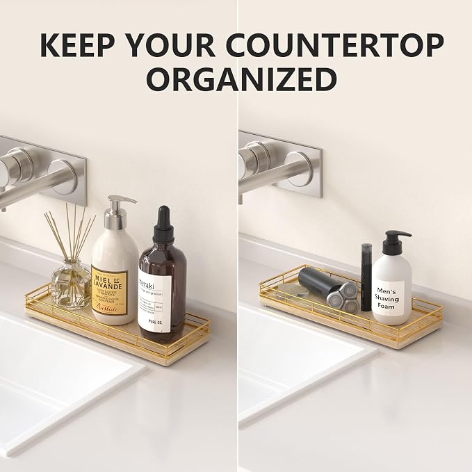 Bathroom Tray for Counter Top Organizer, Oak Wood Vanity Tray | Metal Frame for - Image 2