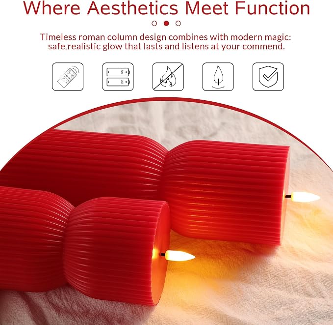 Red Ribbed Flameless Pillar Candles - Image 4