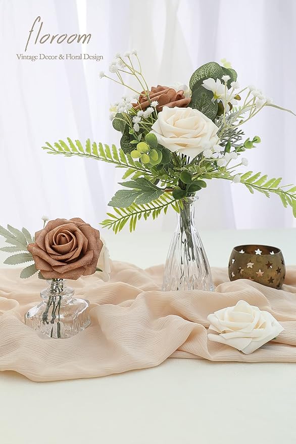 Artificial Flowers 25pcs Real Looking Gold Sparrow & Cream Foam Fake Roses - Image 2